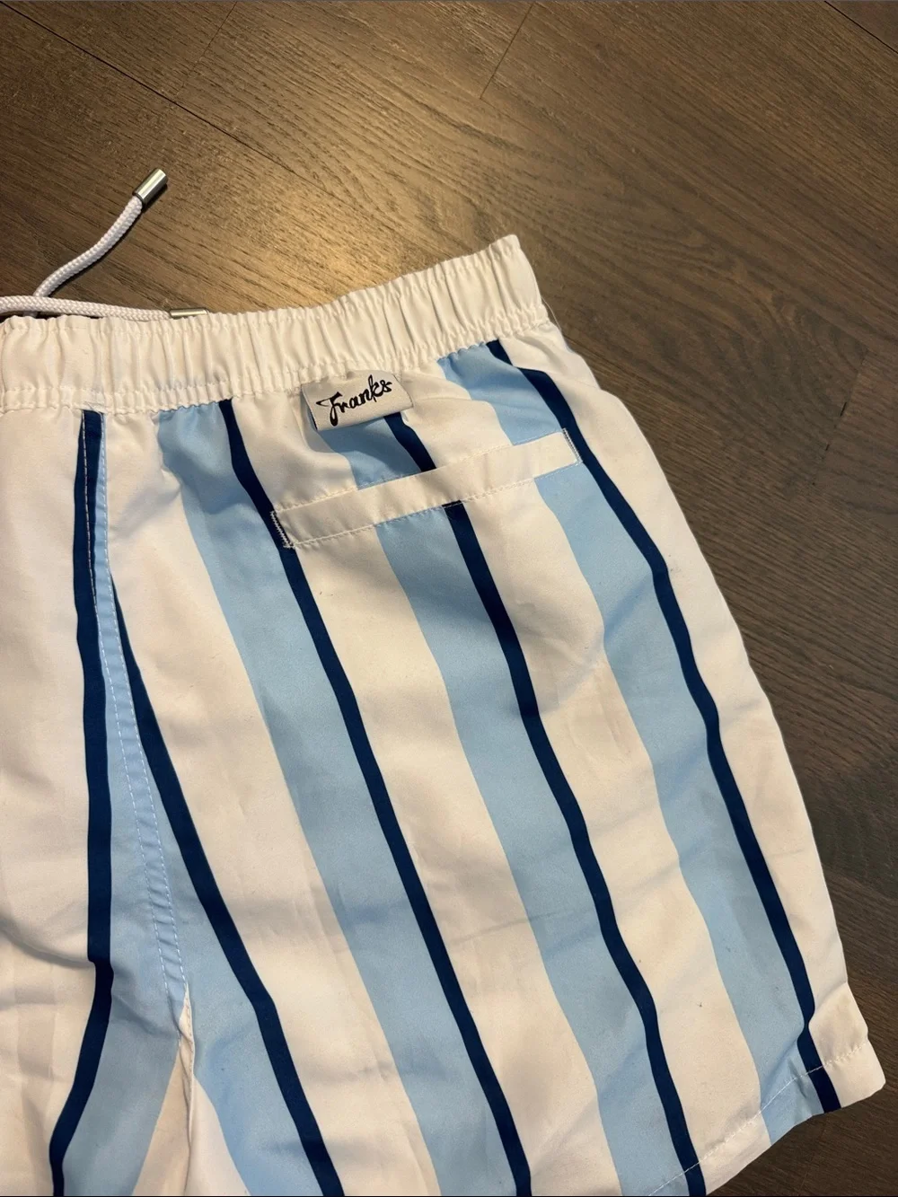 Franks Men's Light Blue and White Vertical Stripe Swim Trunks